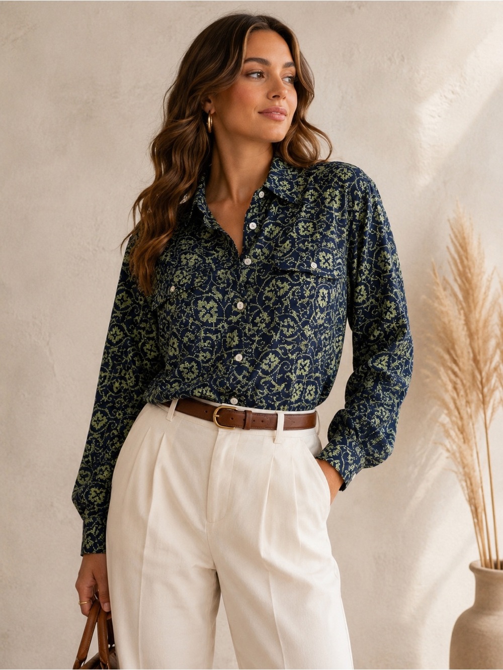 VTG Amanda Smith Pure Silk Floral Button Down Tunic Blouse Blue Green Oversized